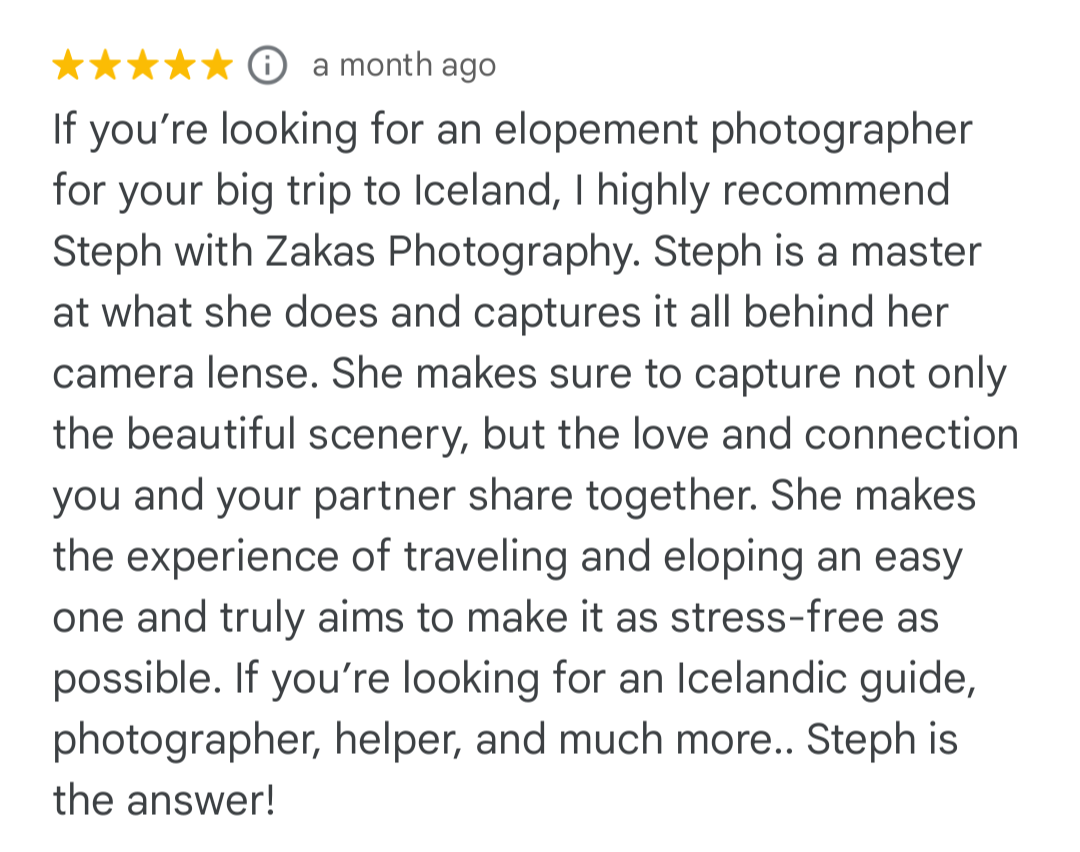 image Iceland elopement photographer review ''I highly recommend Steph with Zakas Photography''