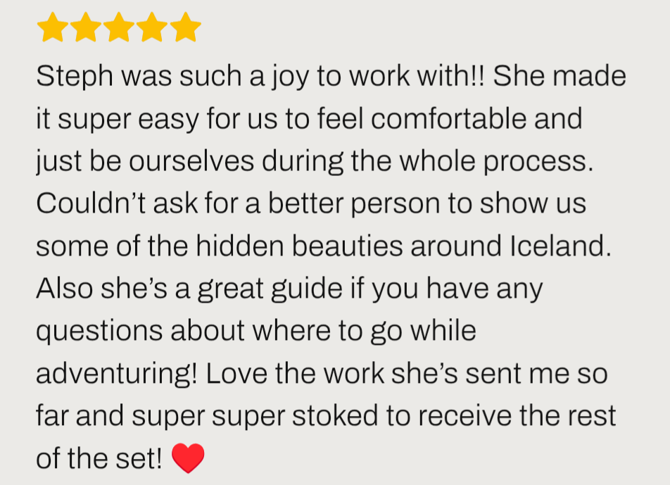 image Iceland elopement photographer review ''Steph was such a joy to work with!! She made it super easy for us to feel comfortable and just be ourselves during our Iceland elopement''