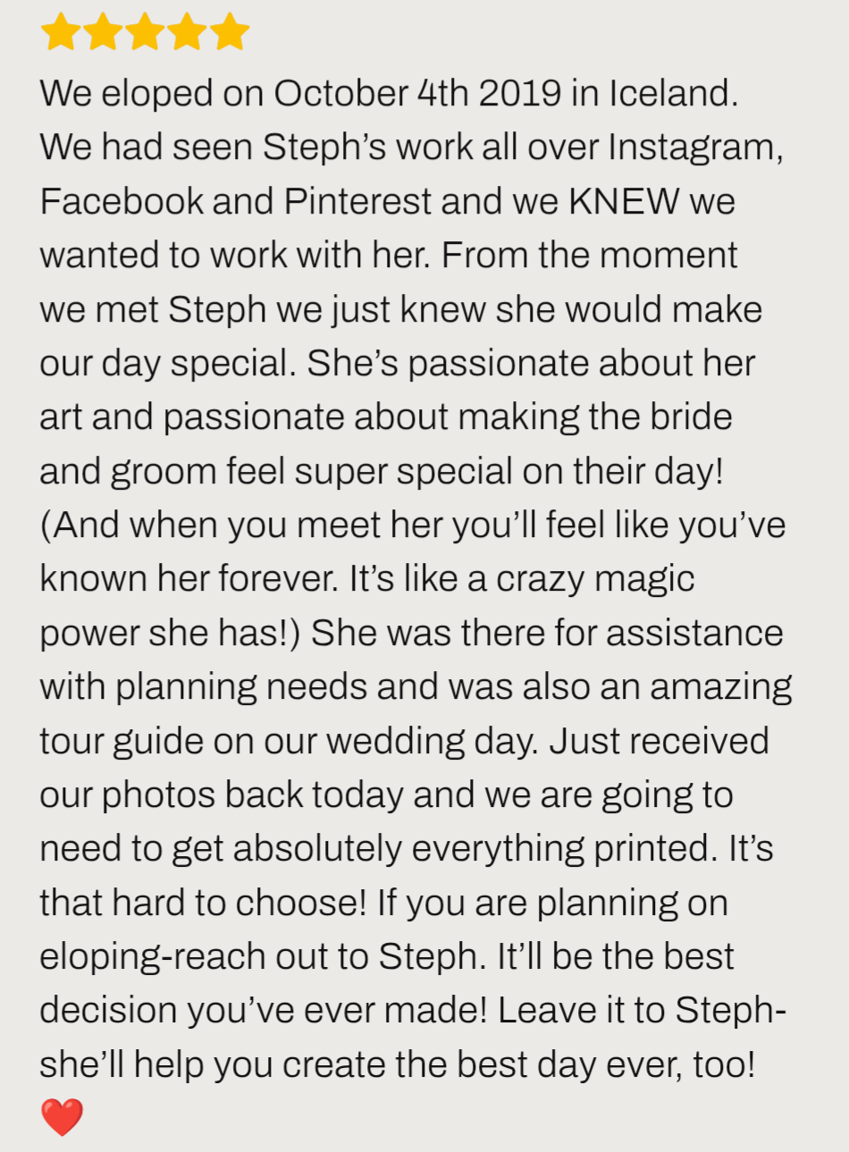 image Iceland elopement photographer review ''From the moment we met Steph we just knew she would make our Iceland elopement day special.