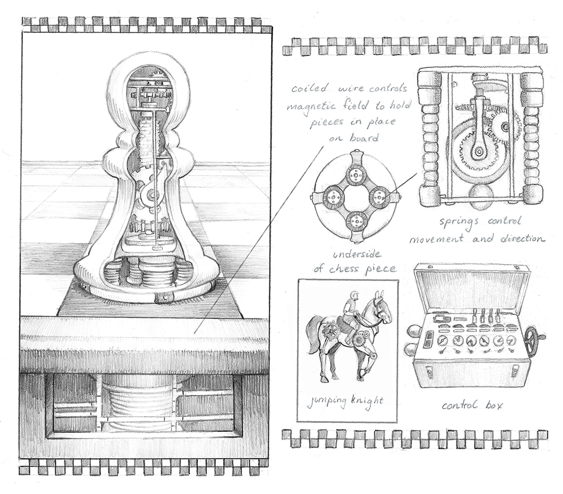Chapter illustrations and diagrams for The Strange Round Bird by Eden Unger Bowditch, published by Bancroft Press in 2017. www.younginventorsguild.com