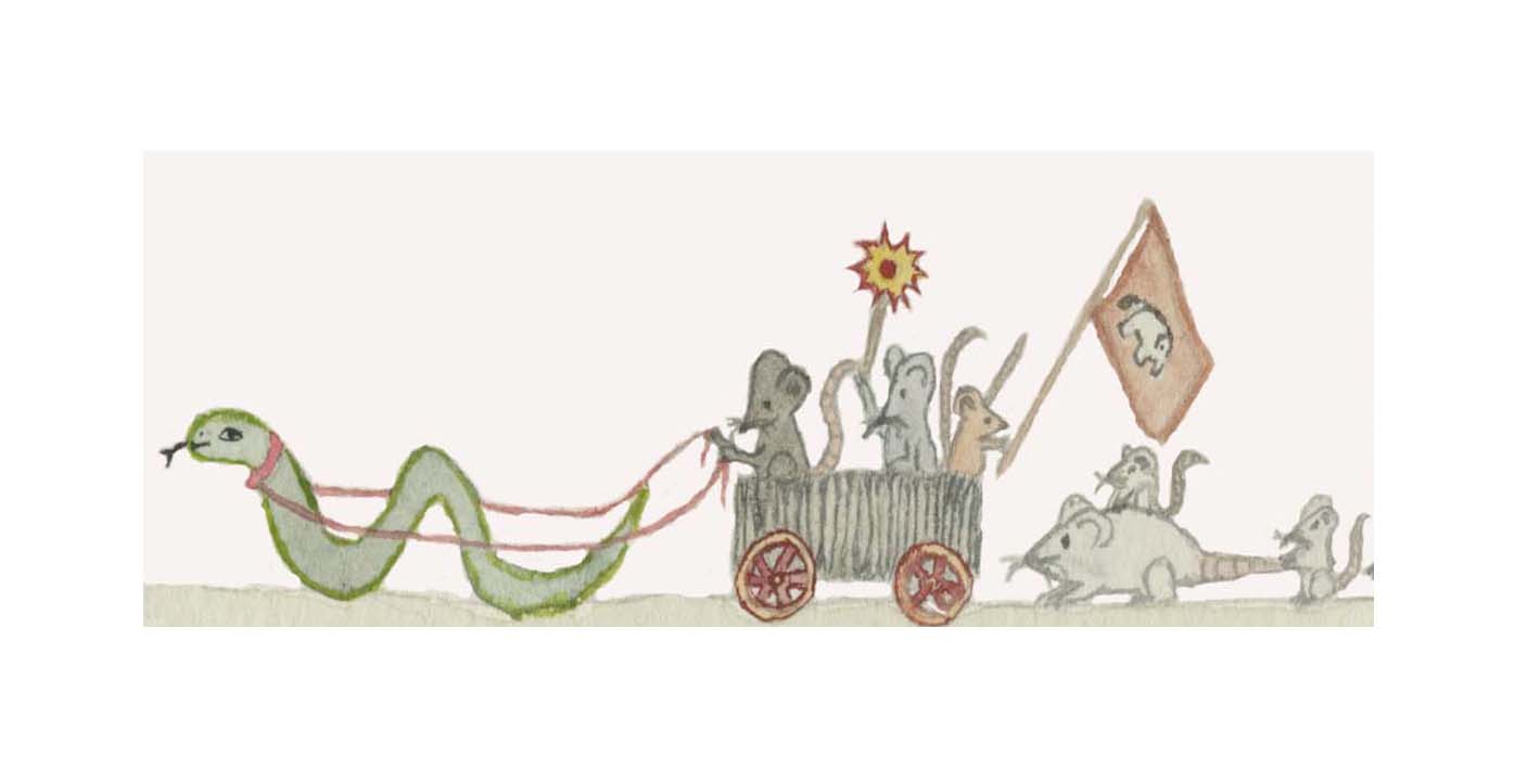 Mice lead the welcome party for the elephant.
