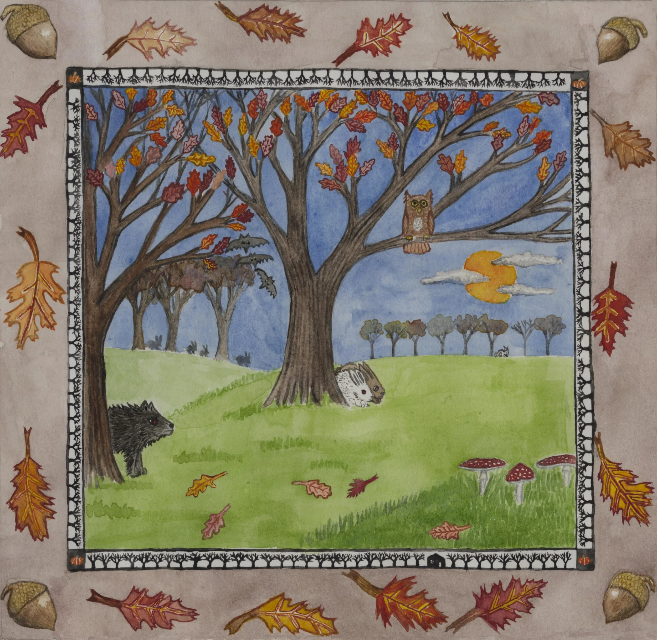 Two rabbits and toadstools