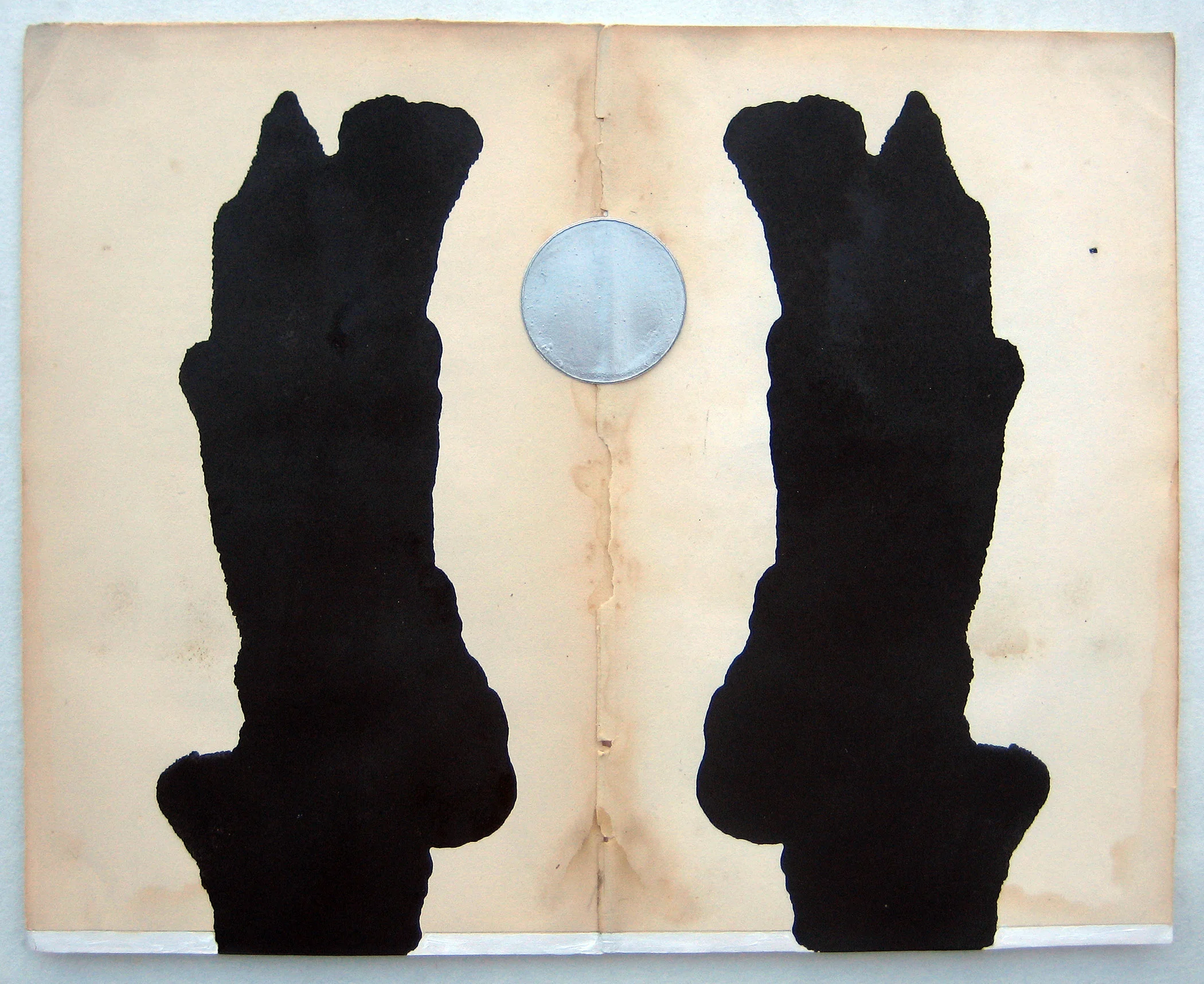 Untitled (silver moon) 7” x 9” Sumi ink, acrylic, on vintage book pages Price upon request
