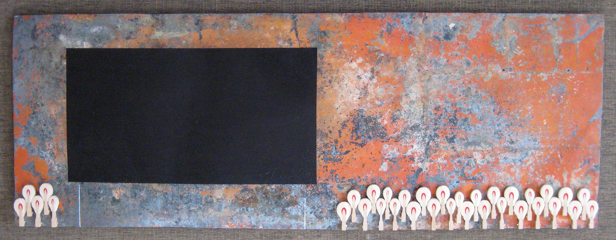    Untitled (black billboard)    19” x 53.25”  Acrylic, varnish, white charcoal, piano keys, on found metal   Price upon request 