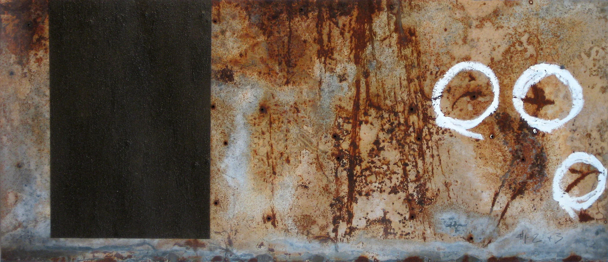 #1, 2 + 3 19” x 41.5” Oil stick, graphite, varnish, dirt, on found metal Price upon request