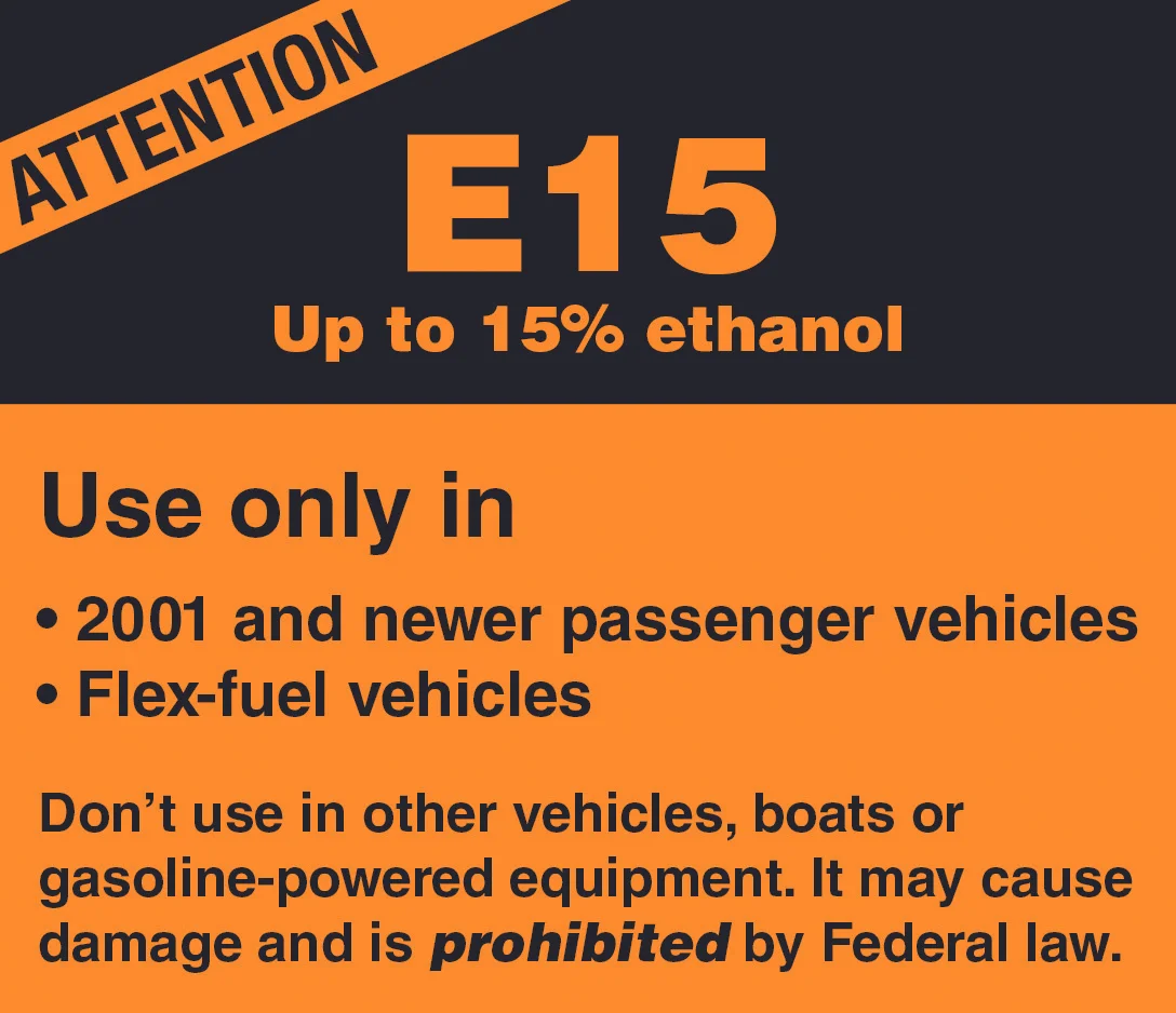 Image: Michael Sayre; American Motorcyclist Association - The only approved label for E15 in the United States.