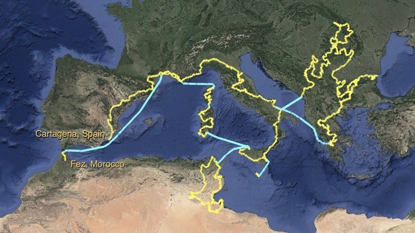  Route map Europe and Morocco. 