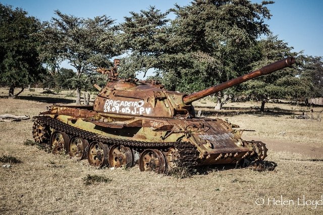  Dilapidated military tank. 
