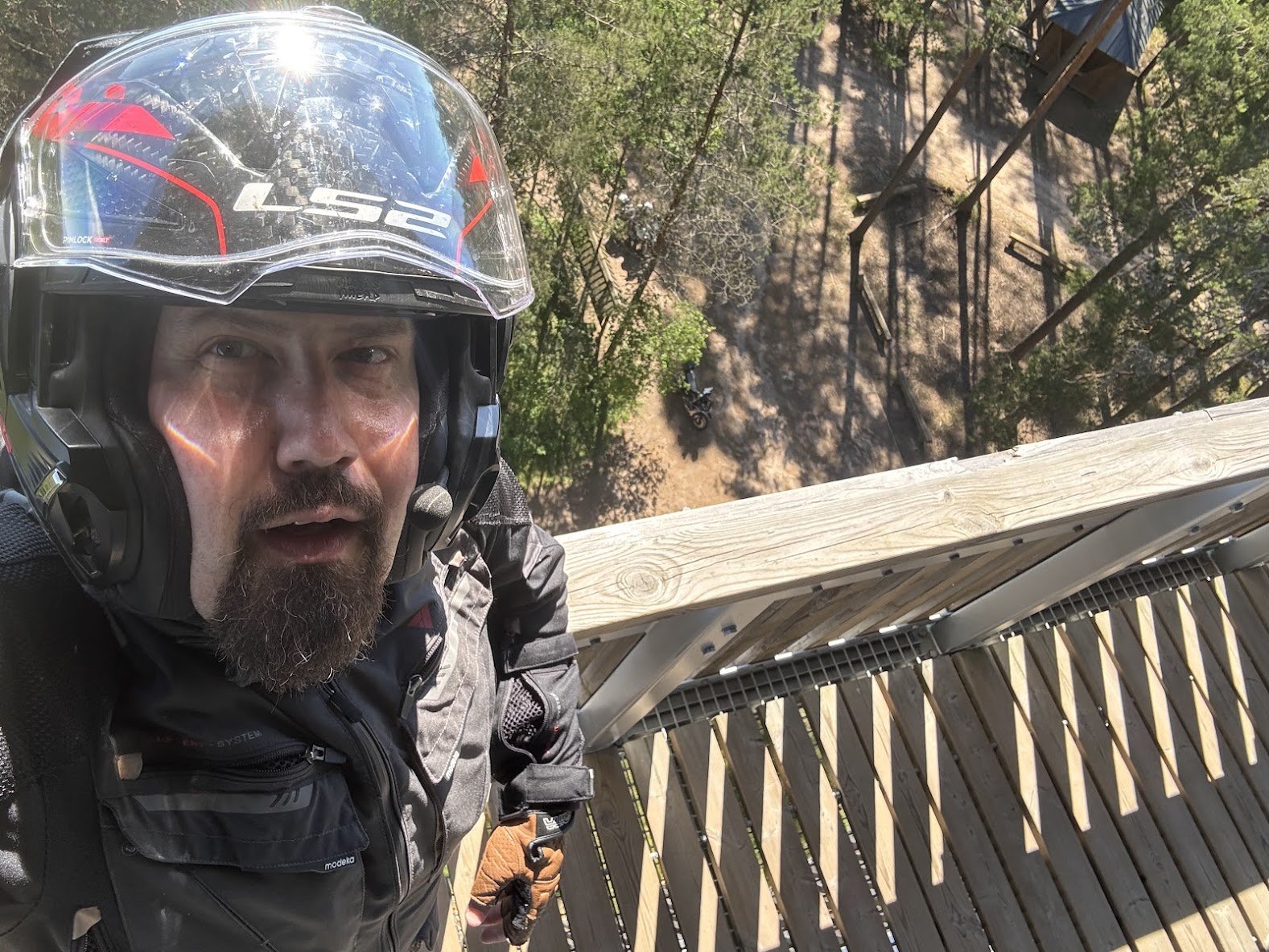 Andre Tuch-Orienteering-Tower looking down at my bike-Adventure Rider Radio Motorcycle Podcast.jpg