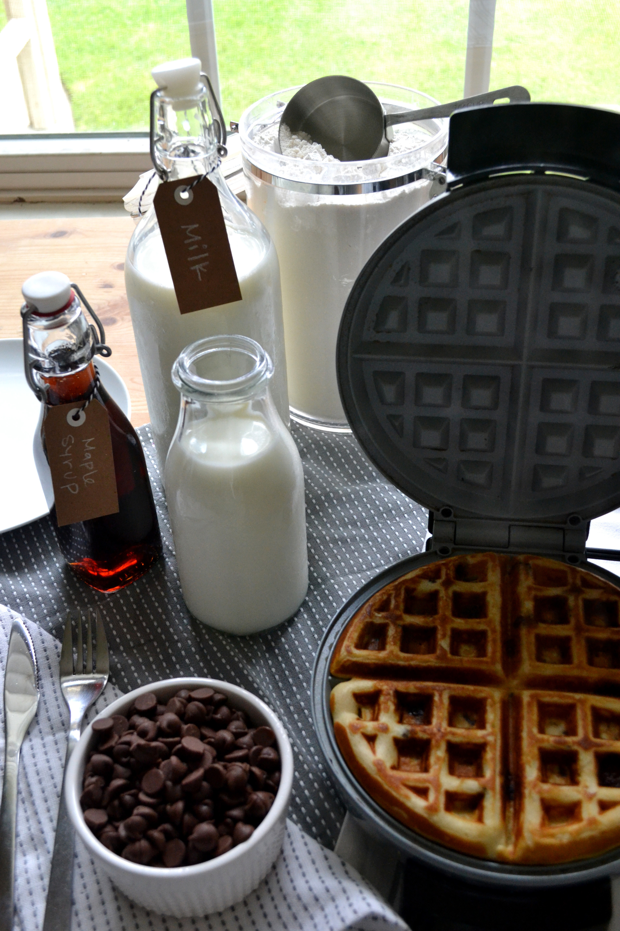 Perfectly golden chocolate chip waffles.