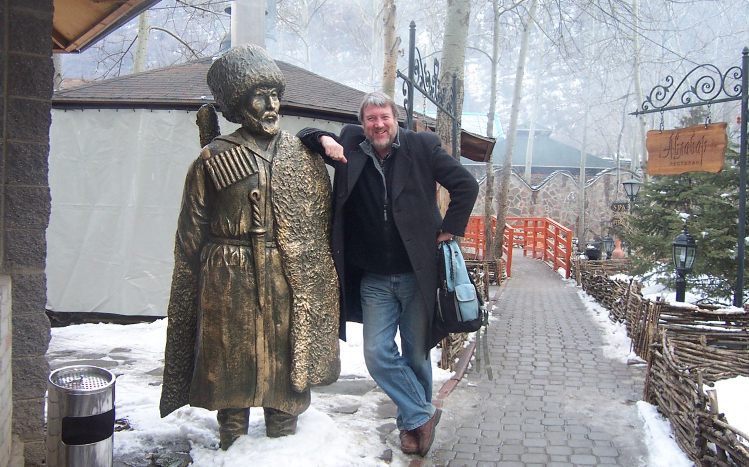 Kazak batyrs—heroic 18th century warriors—guard a mountain resort outside Almaty