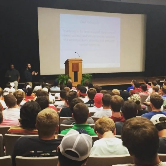 Facciani speaking about consent and sexual violence prevention to the incoming fraternity men at The University of South Carolina