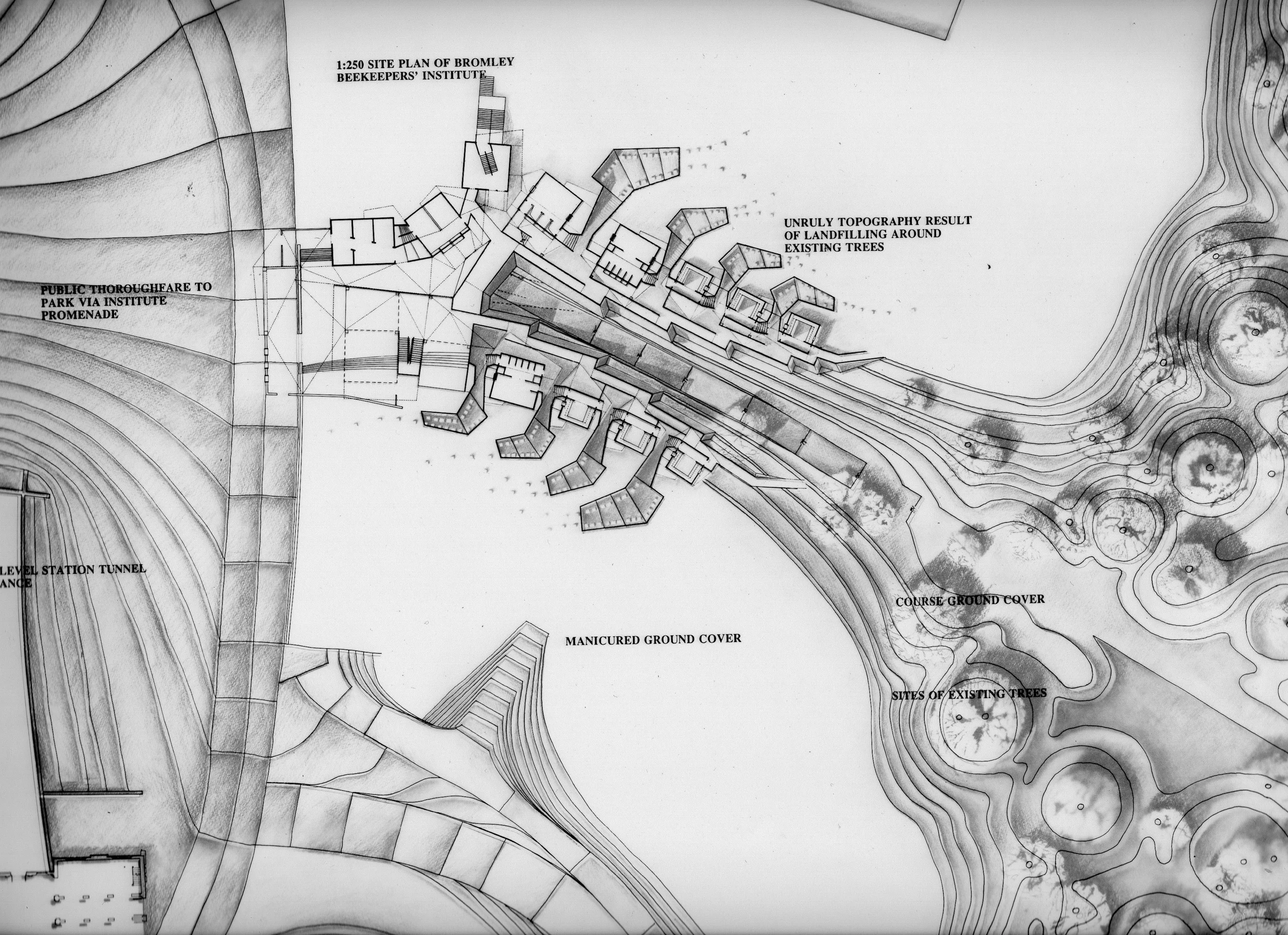 Keepers Institute site plan: showing topography, landscape, farm yards, and the public entrance to the Institute.