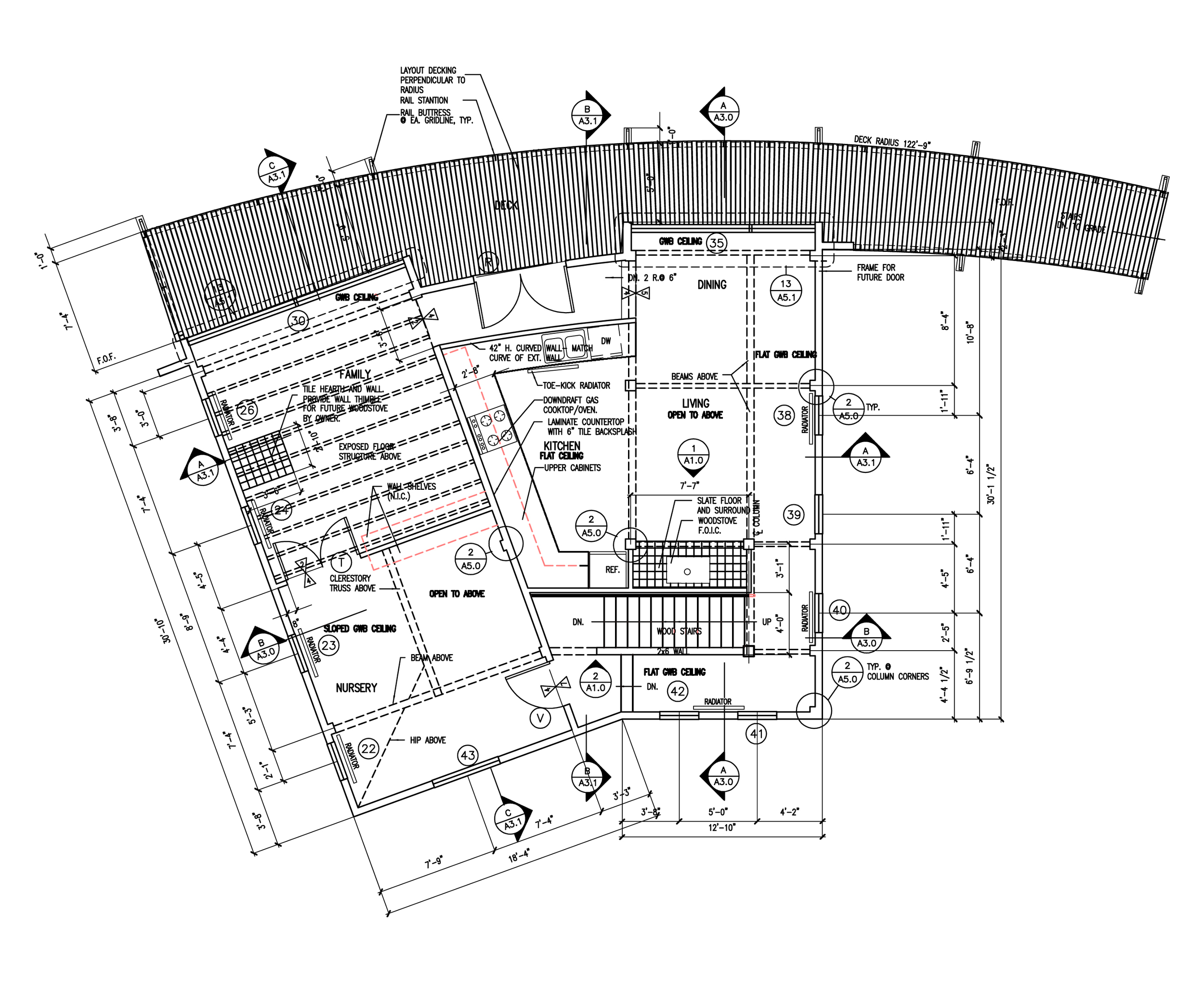 Working Second Floor Plan- two separate levels with double height spaces over each.