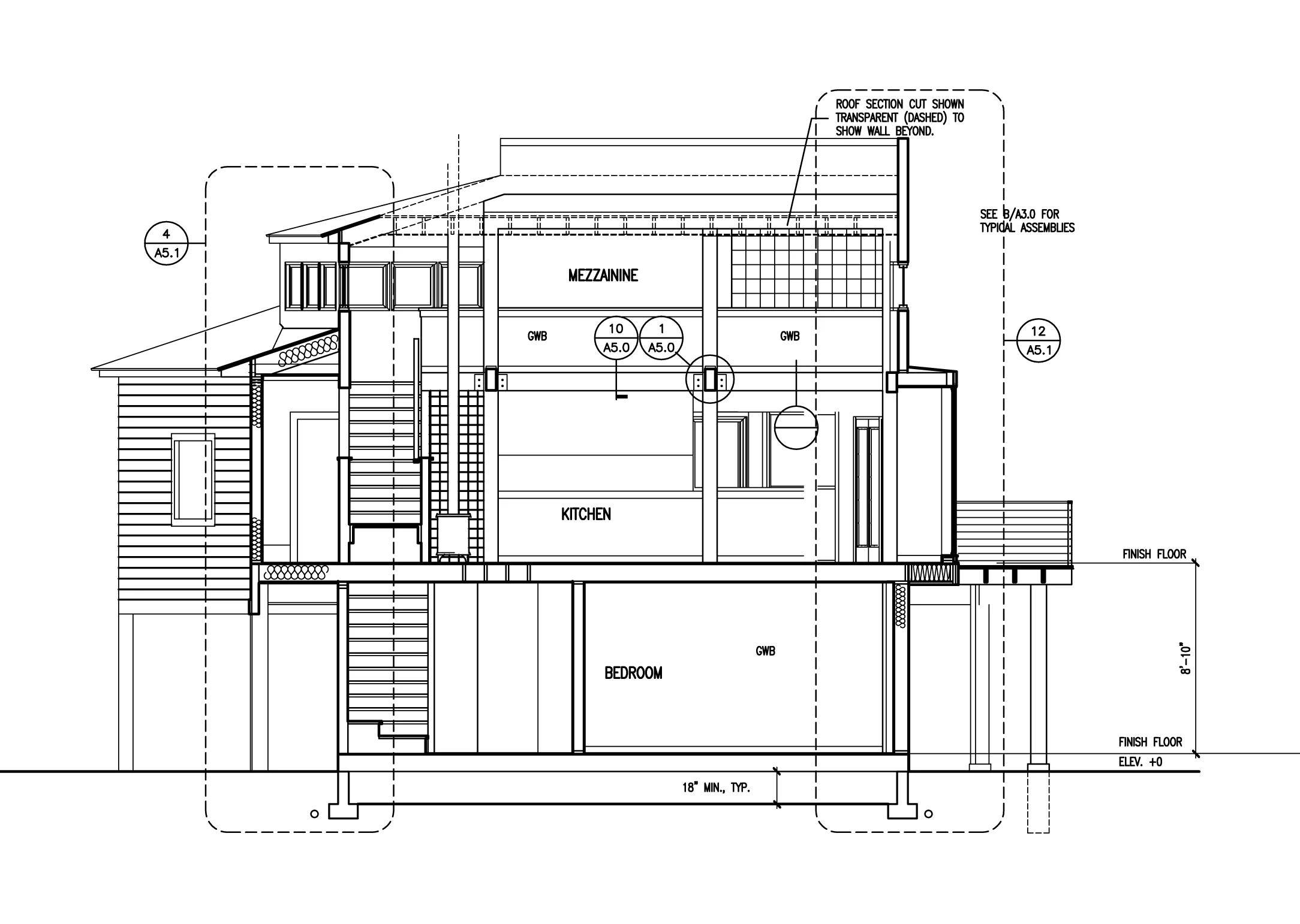 Section through Lower Bedroom, Dining, Kitchen, Gallery and Deck- 3d Open Planning
