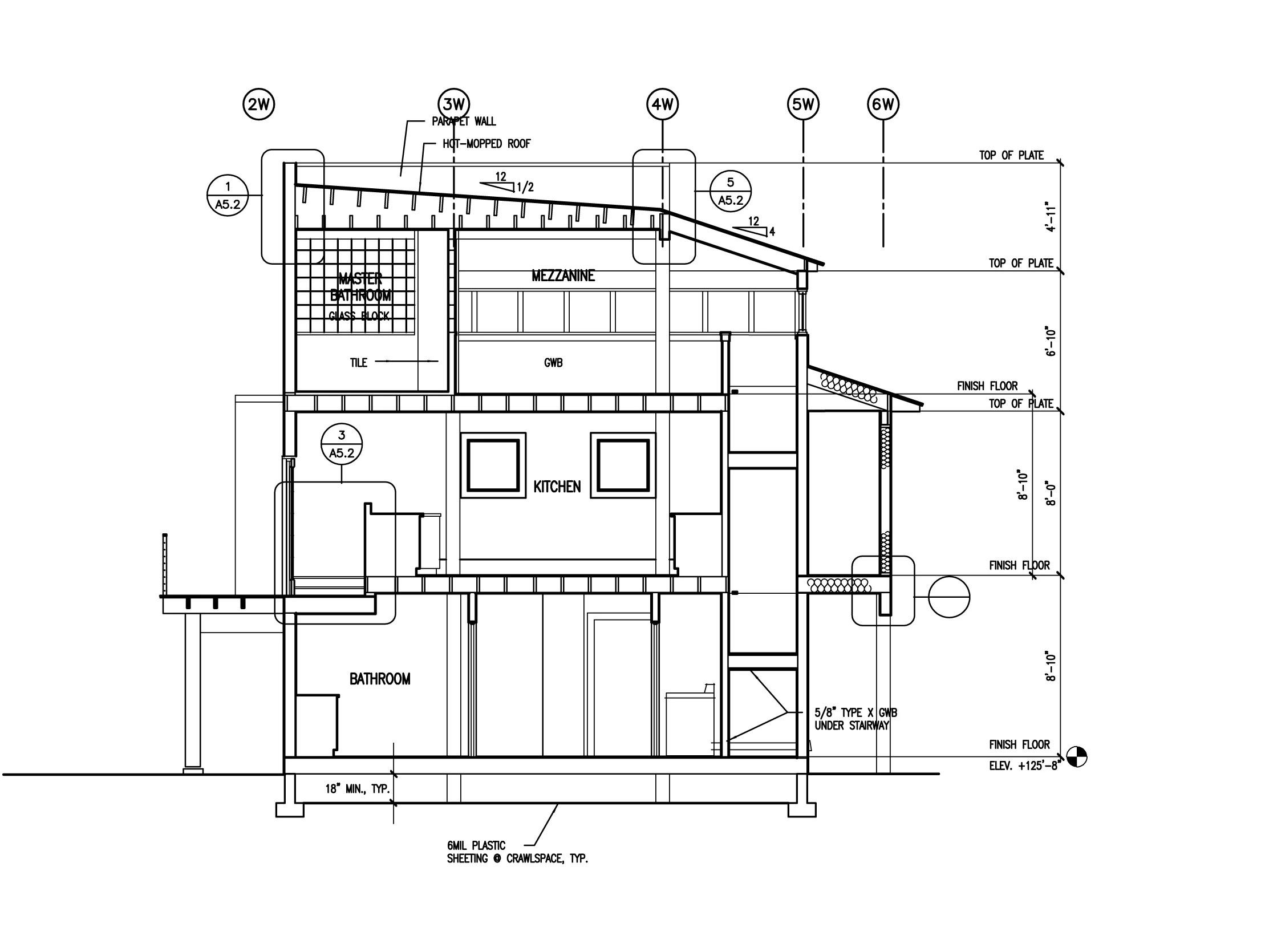 Section Facing West: through deck, kitchen, gallery, bathrooms...