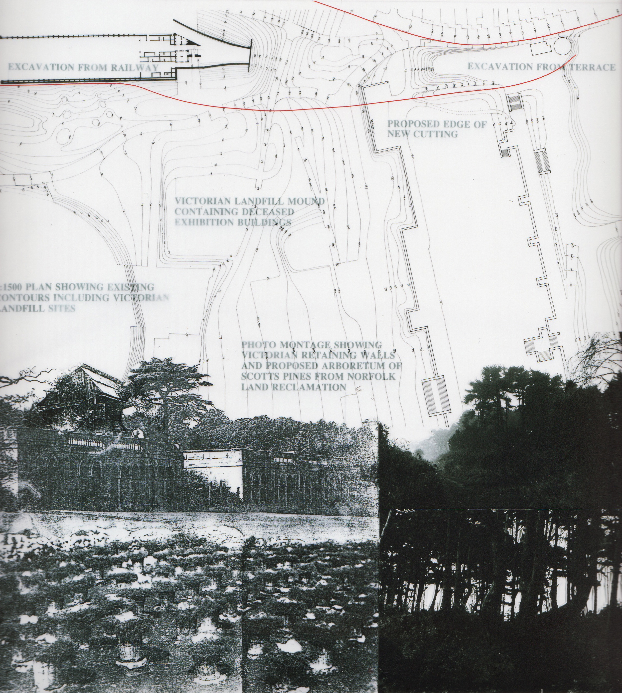 The historical debris that is hidden under the green grass of the existing grade makes valleys between the plateaus.