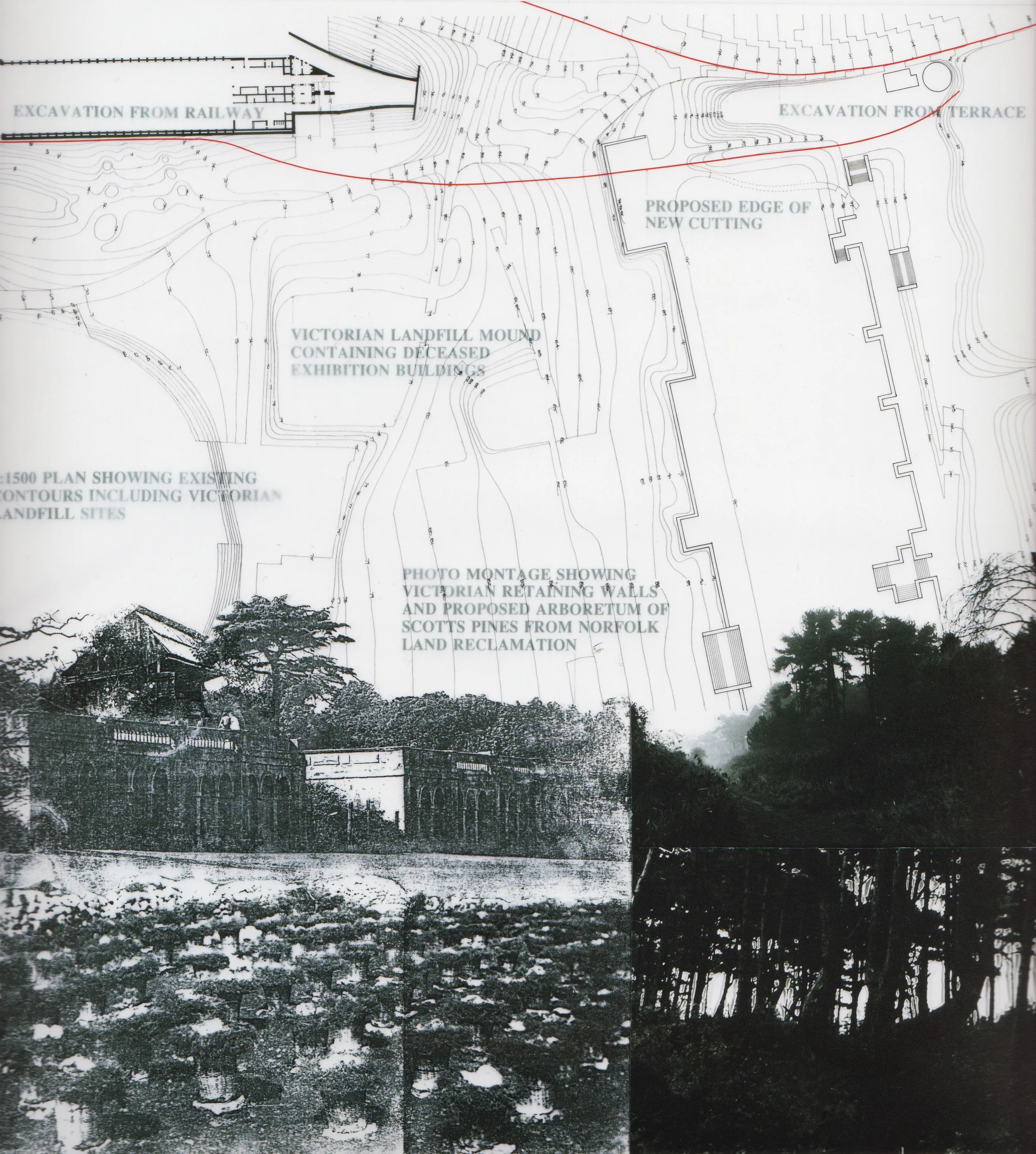 The historical debris that is hidden under the green grass of the existing grade makes valleys between the plateaus.