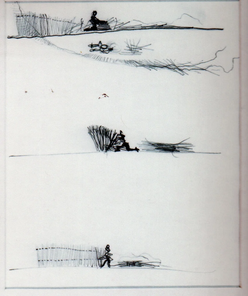 Sketches showing the weaving of straw mats in the Skep makers space.