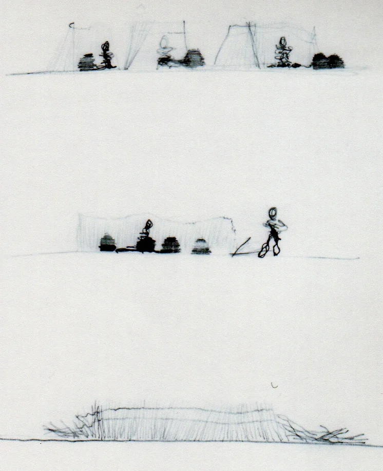 Sketch showing various straw mat weaving activities.