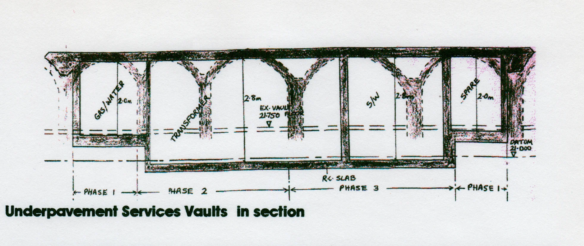Underpavement Services Vaults- section showing existing and proposed construction to house a 11kV substation and radio-isotope storage.