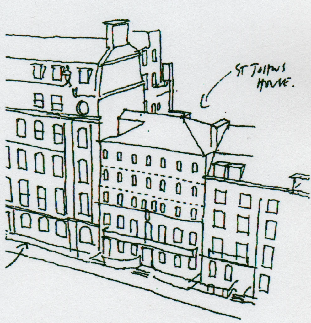 Sketch of the now demolished St. John's House showing basic fenestration and massing.