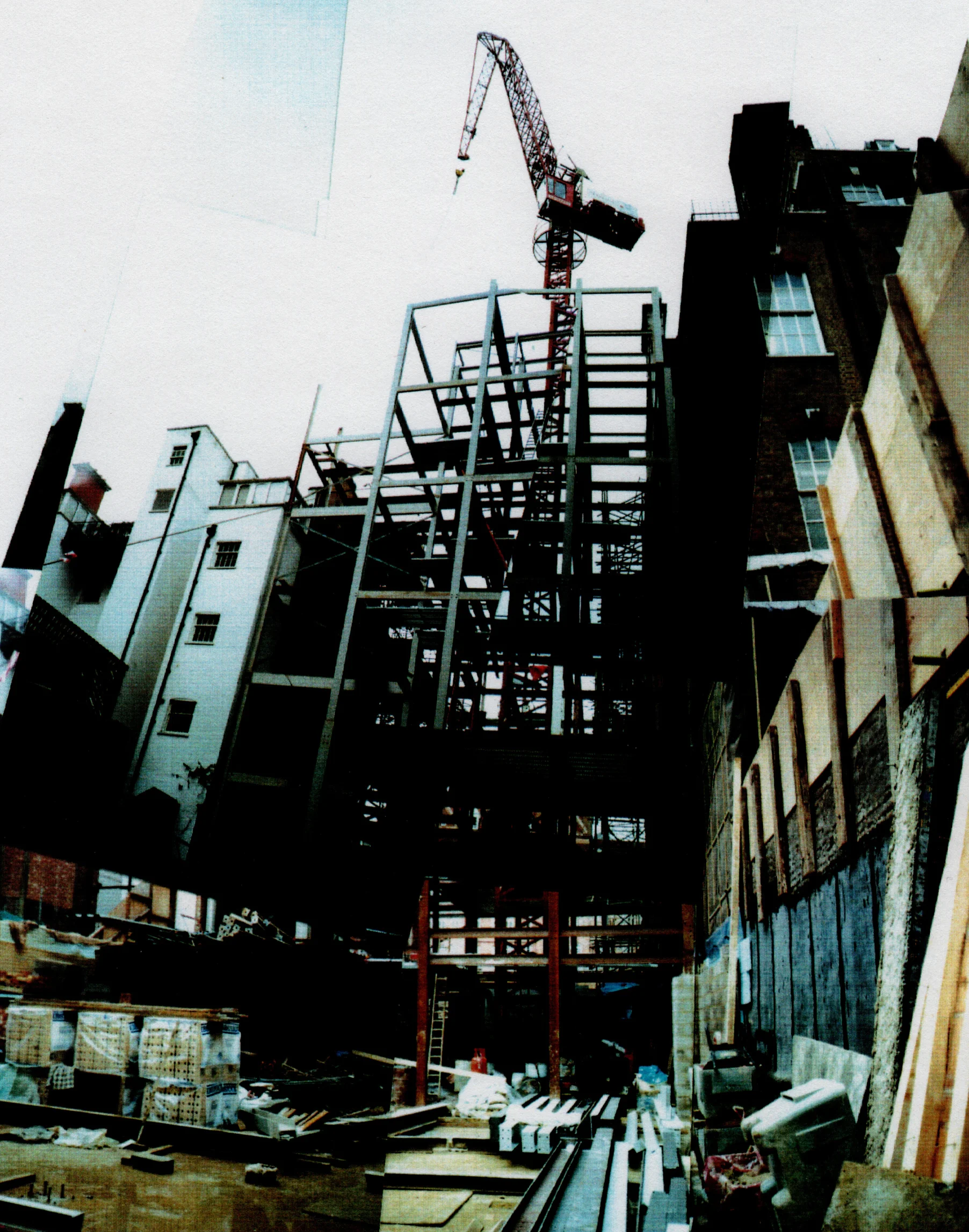 Photo Panorama showing west section of steel frame during construction.