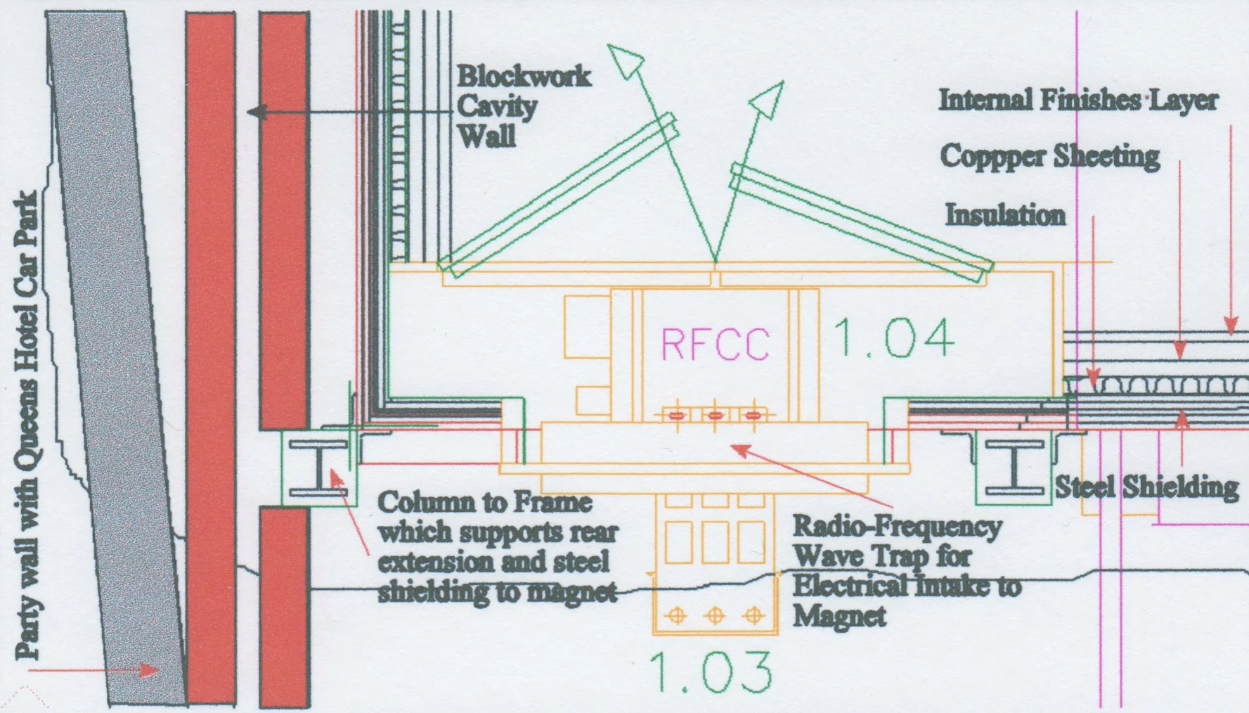 Detail through MRI Radio Frequency cabin showing wave trap for service ingress/ egress.