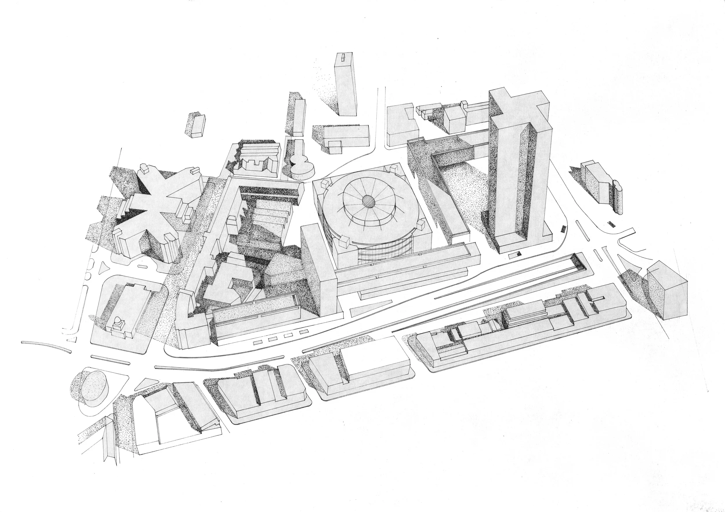 Axonometric of Euston Centre, London- with Triton Square Concept shown in the center- Drawing by JBM