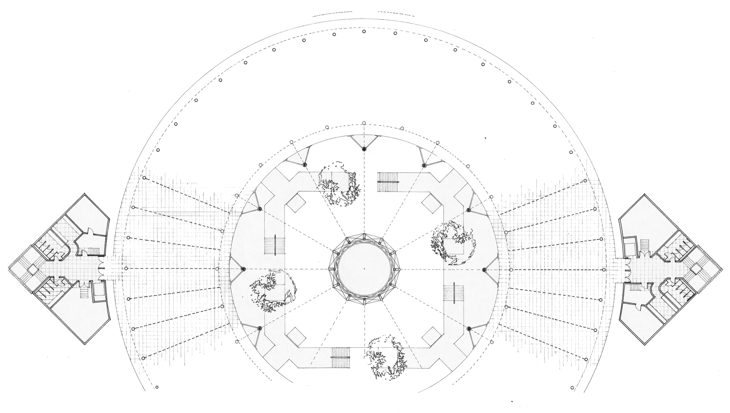 Two Structures- Concrete radial structure and Steel Cores at Corners with all vertical penetrations. Drawing by JBM