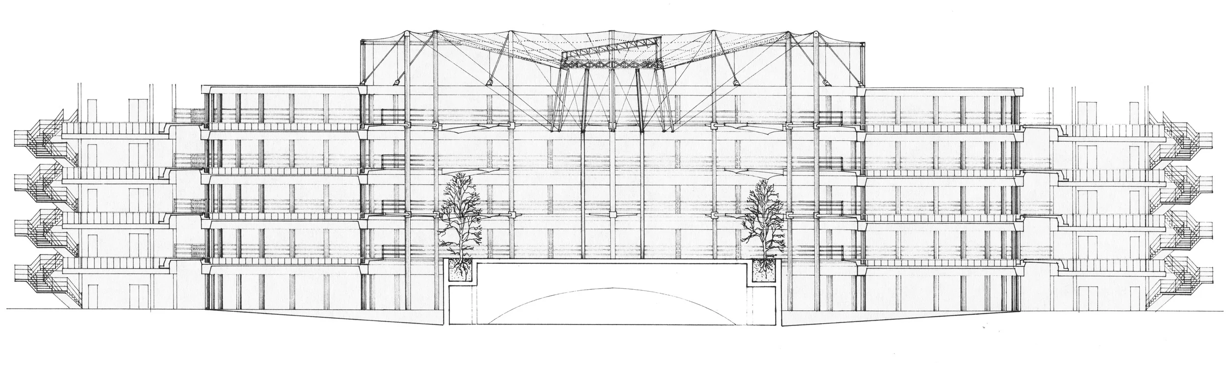 Schematic Section diagonally through corner cores. Drawing by JBM