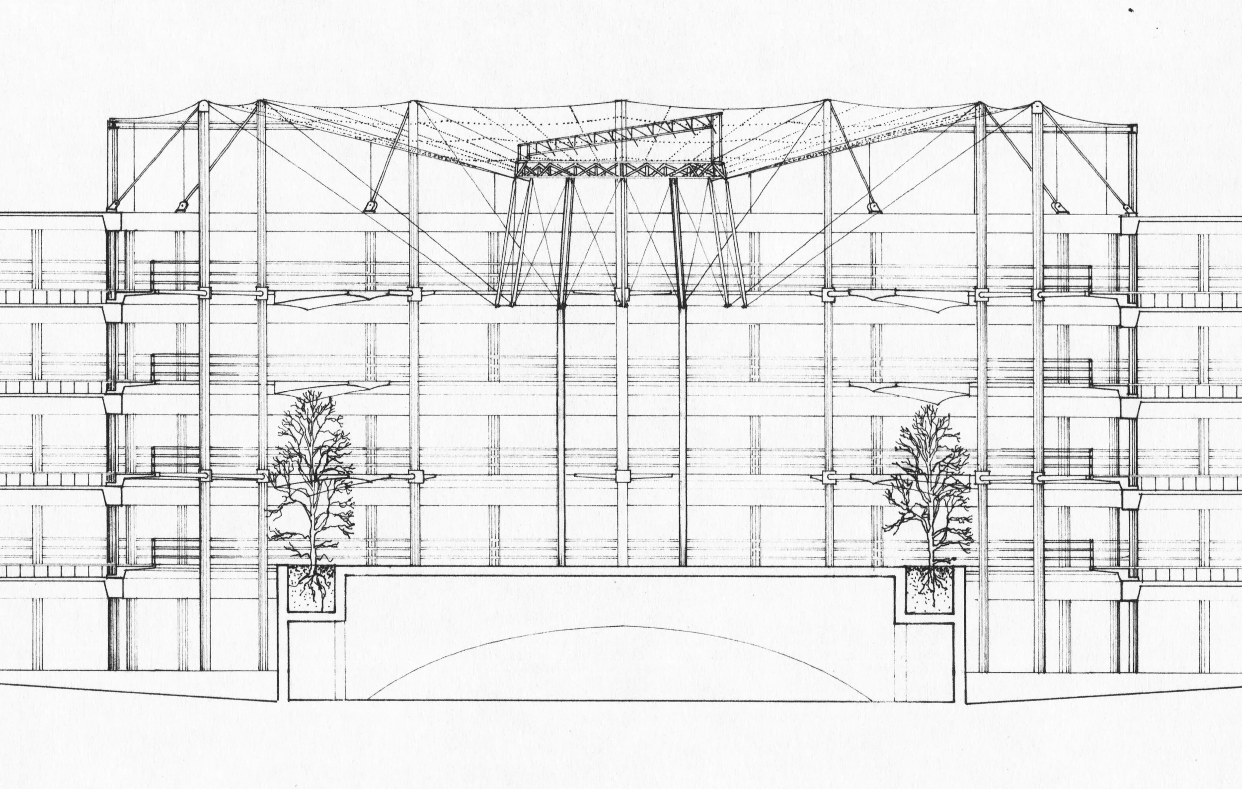 Enlarged Schematic Section of the Central Courtyard: similar structure to La Defence, Citie of Industrie in La Villet, France by Ian Ritchie/ Peter Rice (Drawing by JBM)