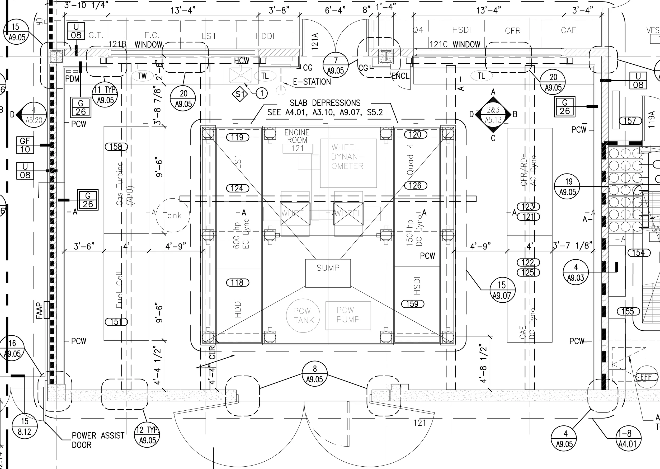 Figure 3: Plan of Engine Lab- Base Isolation for the Dynamometer prevents vibration from engine testing to be telegraphed into the building structure. Drawing by John Millard