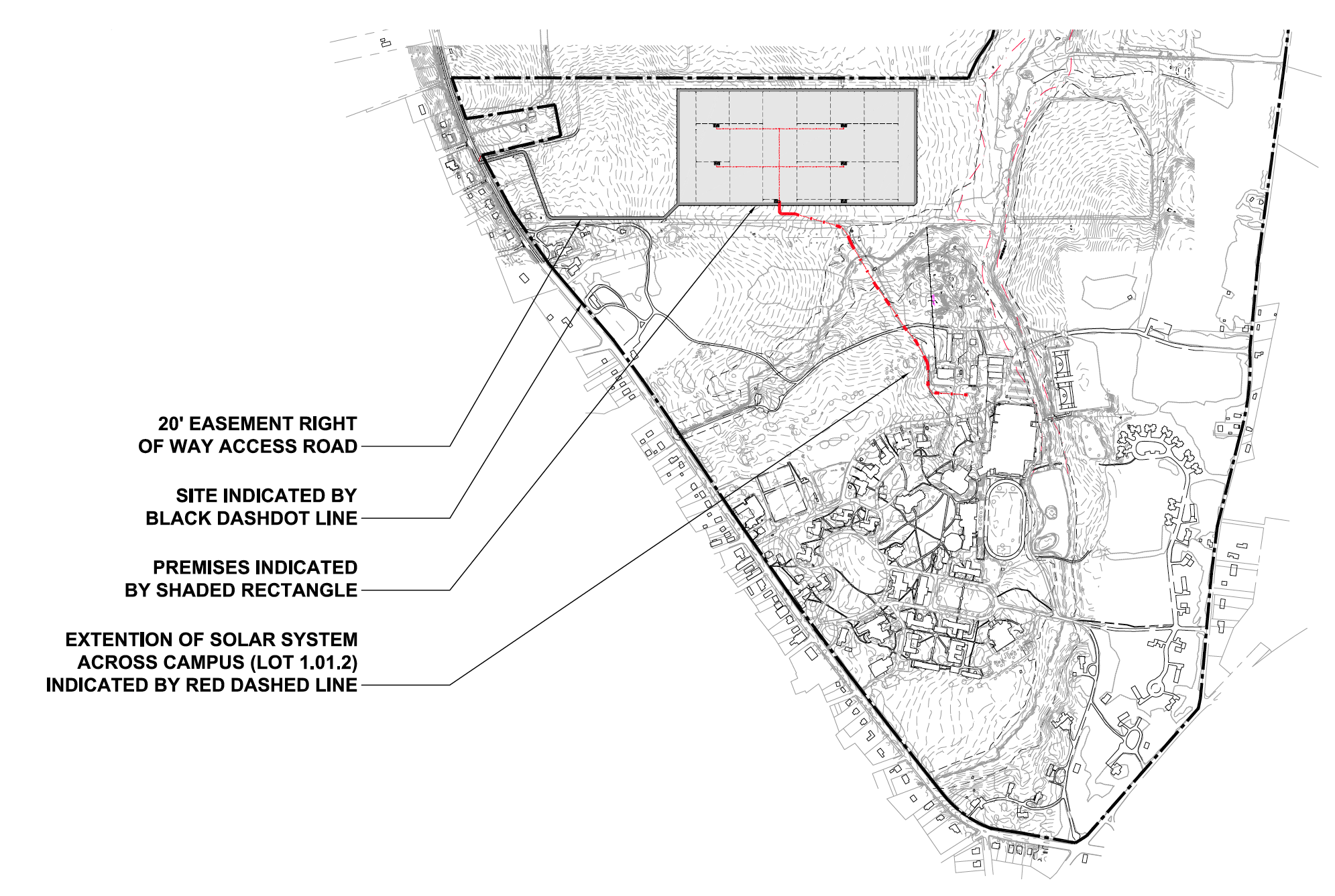 Figure 1: Site Plan showing electrical connection to campus electrical load center (red line) where a single PSE&G meter measures electrical consumption for the entire school.