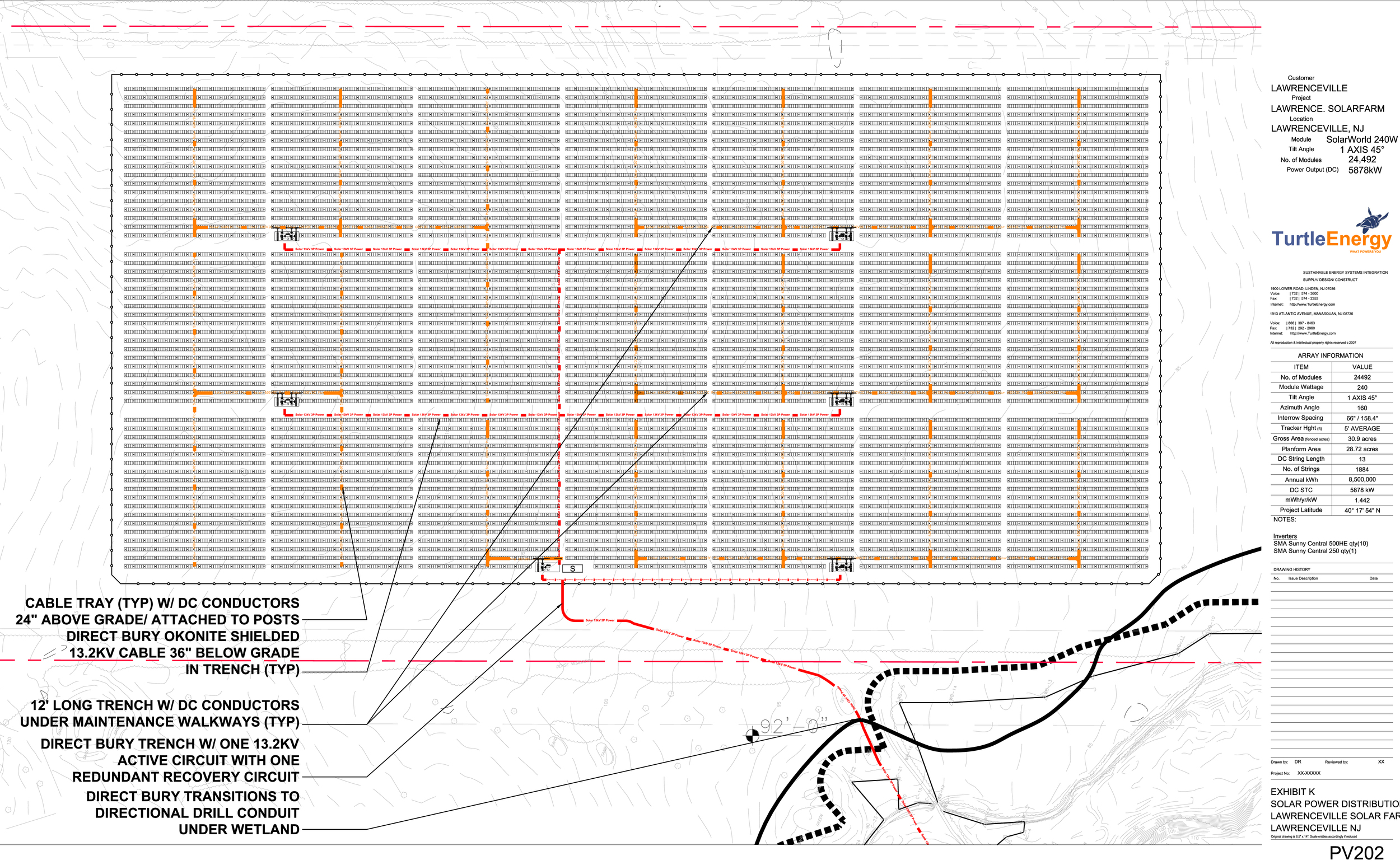 Figure 8: Orange lines indicate DC Electrical Distribution from solar modules to inverters.