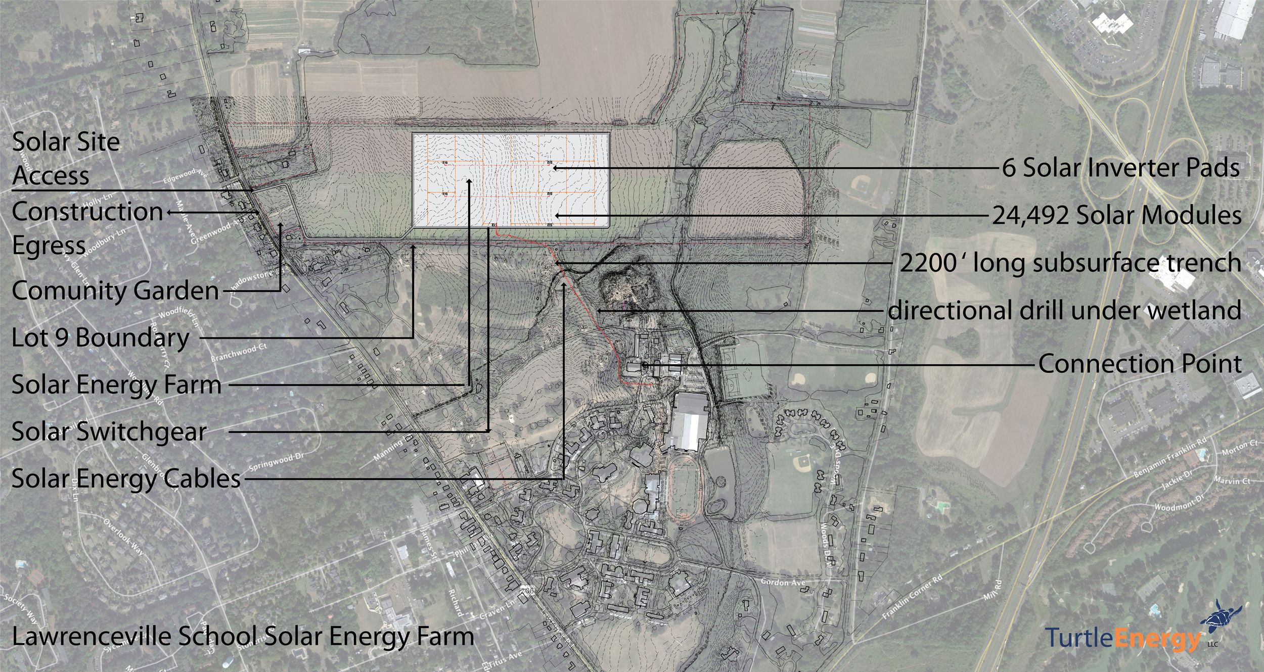 Zoning Illustration 1: Plan shows basic metrics of the project including number of inverter pads, solar modules, length of underground electrical connection, pad mounted switchgear and
