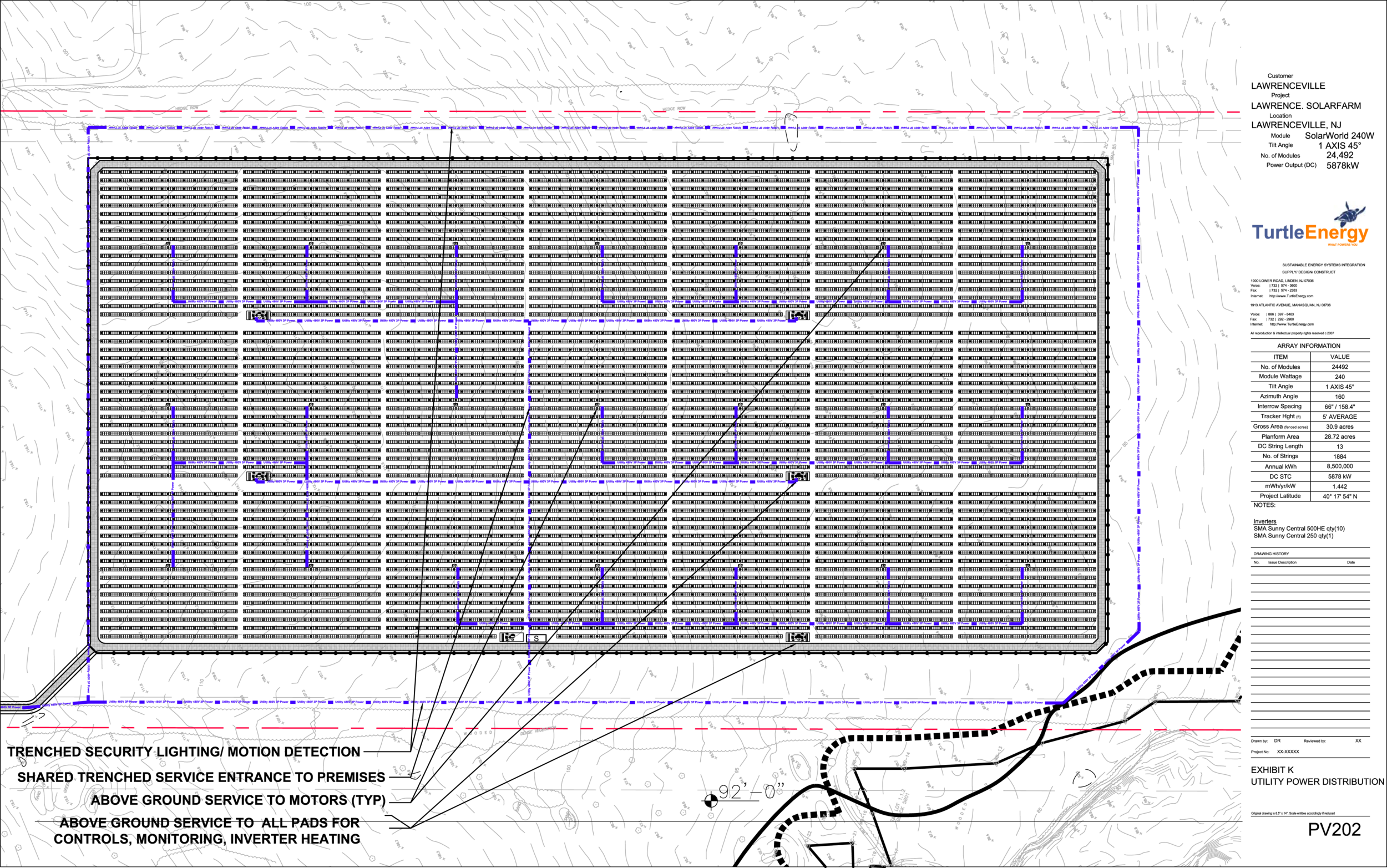 Figure 6: Blue Lines indicate distribution of AC power from inverters in trenches as well as control power to tracker motors on cable tray.