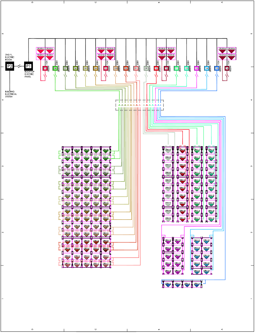 Color coded circuitry diagram shows no. of modules per string and inverter relationship.