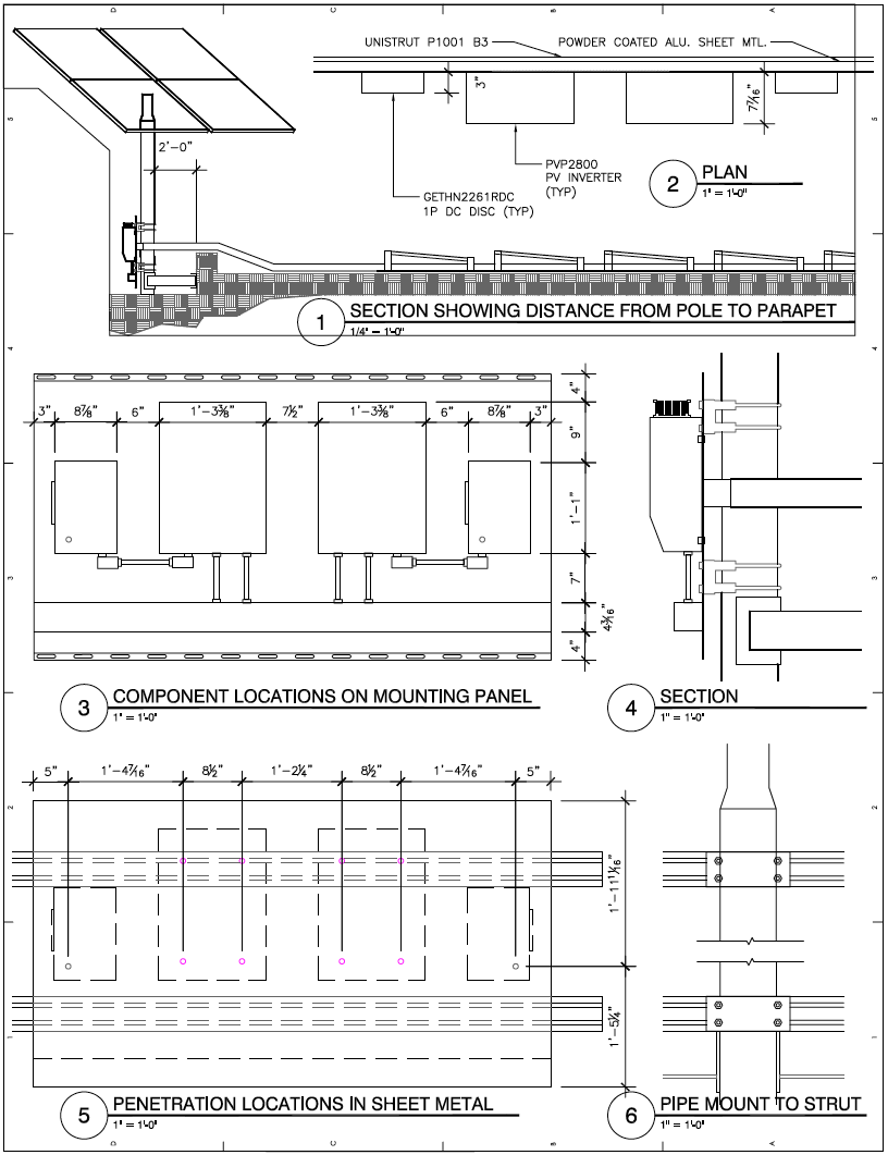 Strut Scaffold support for PV Inverters, DC Disconnects, Power & Communications Cable Management