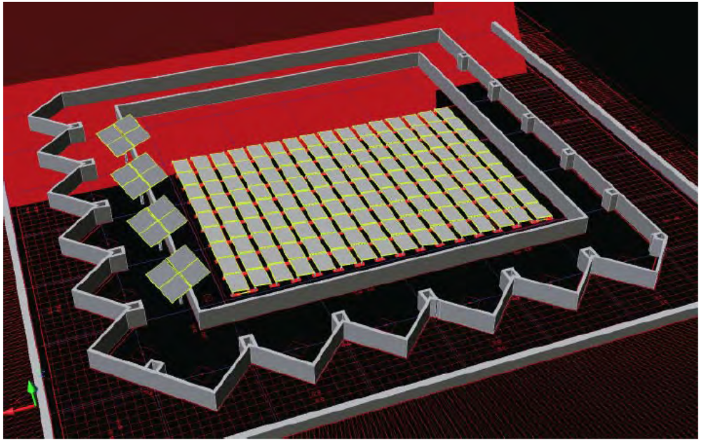 Schematic Visualization of NJIT Solar Project showing the segregation of roof mounted modules tilted at 5 degrees and tracker mounted modules mounted dynamically.