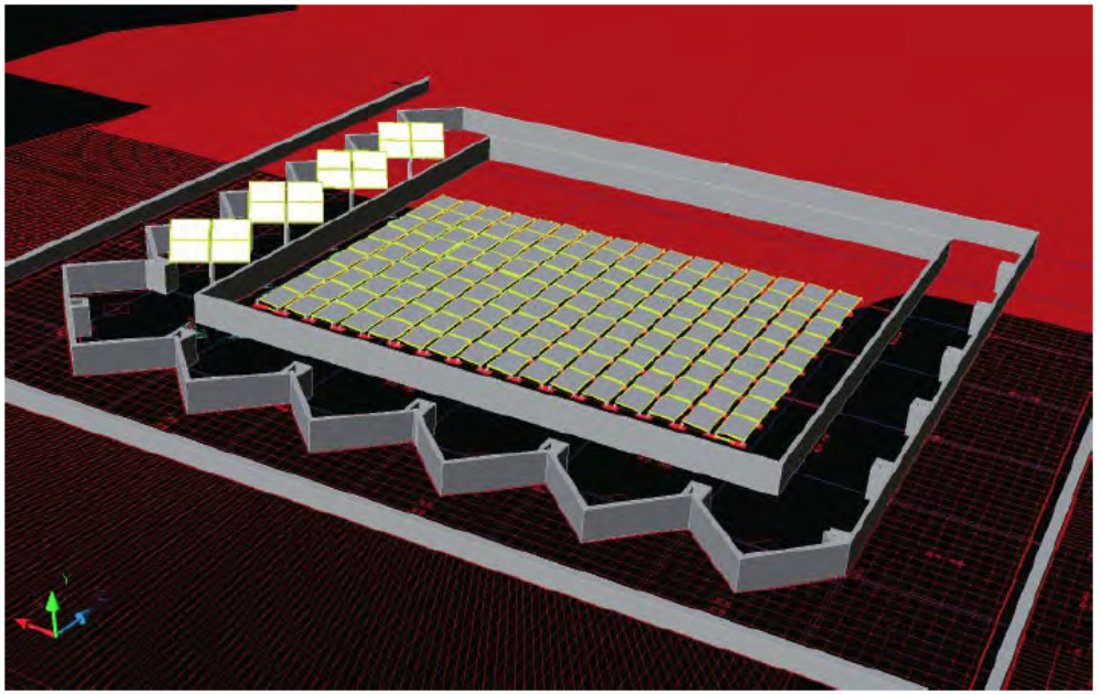 Schematic Visualization of NJIT Solar Project showing the segregation of roof mounted modules tilted at 5 degrees and tracker mounted modules mounted dynamically.