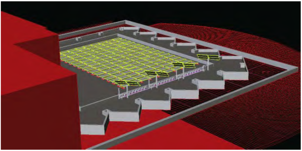 Schematic Visualization of NJIT Solar Project showing the segregation of roof mounted modules tilted at 5 degrees and tracker mounted modules mounted dynamically.