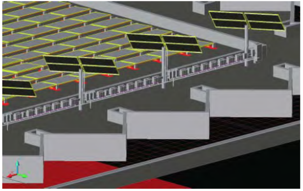 Schematic Visualization of NJIT Solar Project showing the segregation of roof mounted modules and tracker mounted modules with inverter scaffold shown spanning between tracker piers.