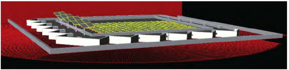 Schematic Visualization of NJIT Solar Project showing the segregation of roof mounted modules tilted at 5 degrees and tracker mounted modules mounted dynamically.