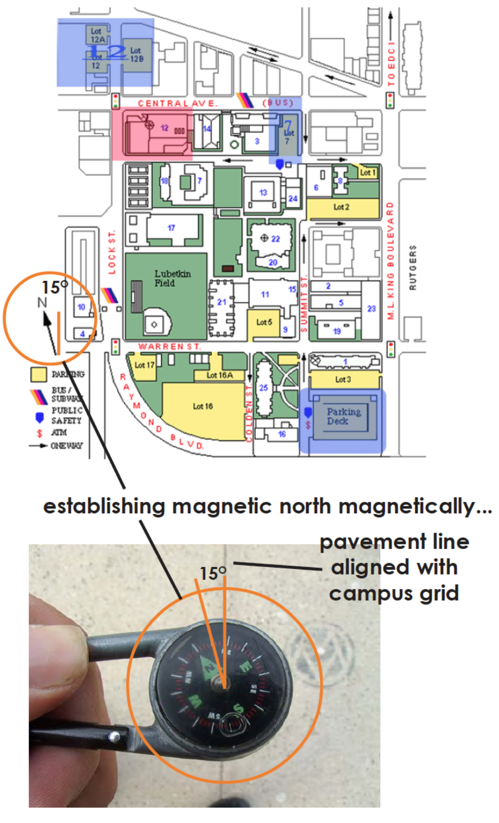 Campus Map showing deviation of the campus grid from Magnetic North.