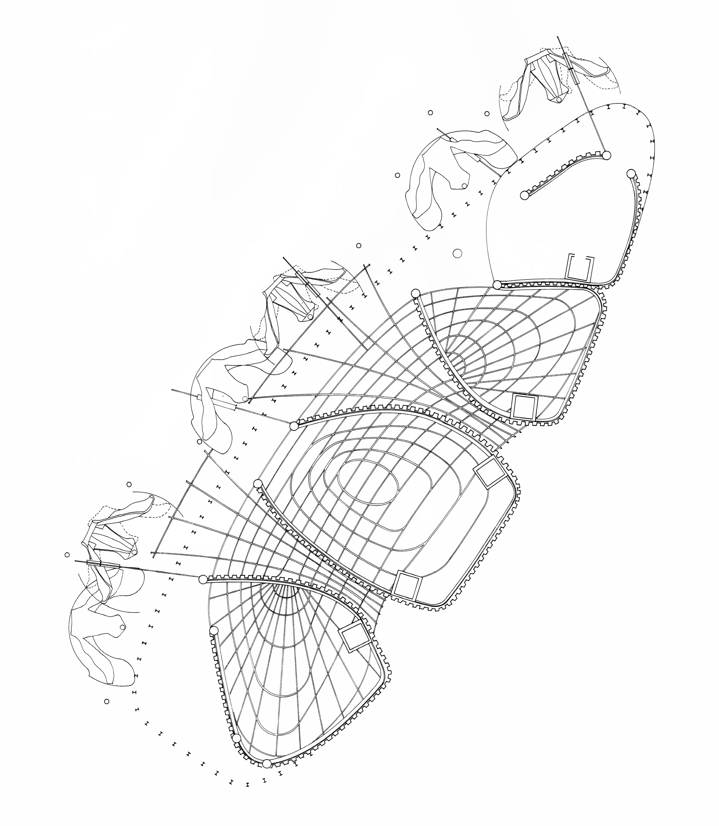 Figure 4: The wind spoilers create a kinetic, sculptural building base that re-orient themselves to minor changes in the prevailing wind direction. (Drawing by John Millard)