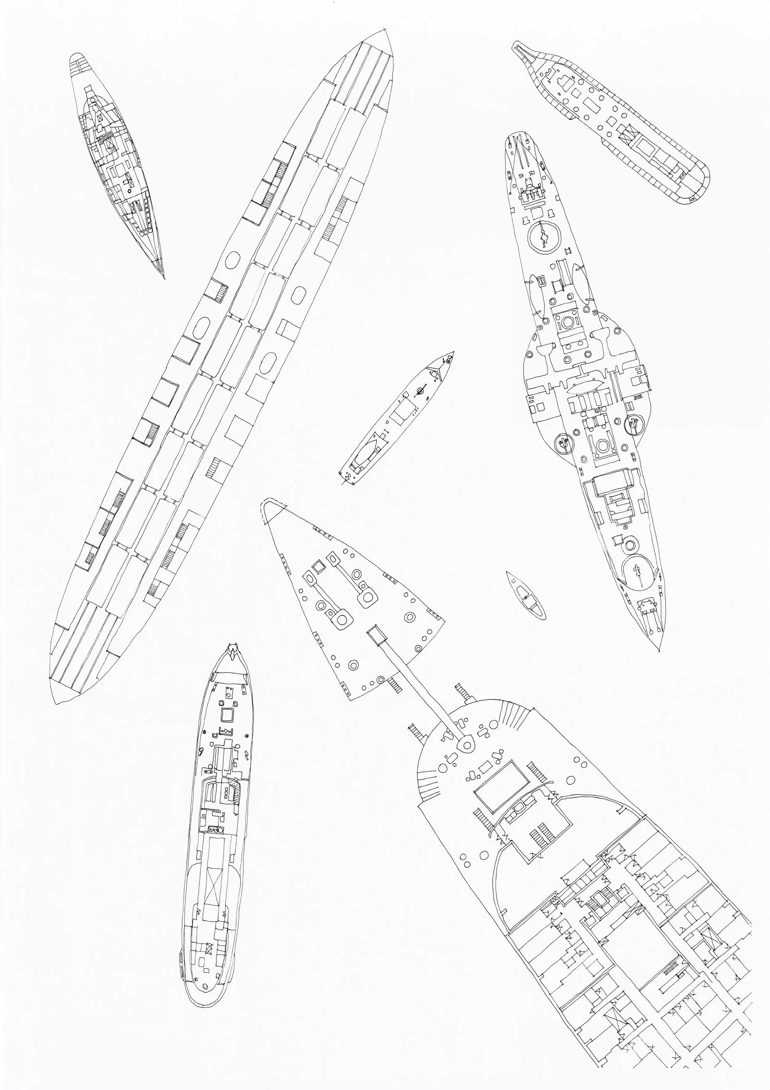 Figure 11: Various Ships and Boats were the subject of study for construction techniques as well as scale and spatial sequences inside the hull. (Plans by John Millard)