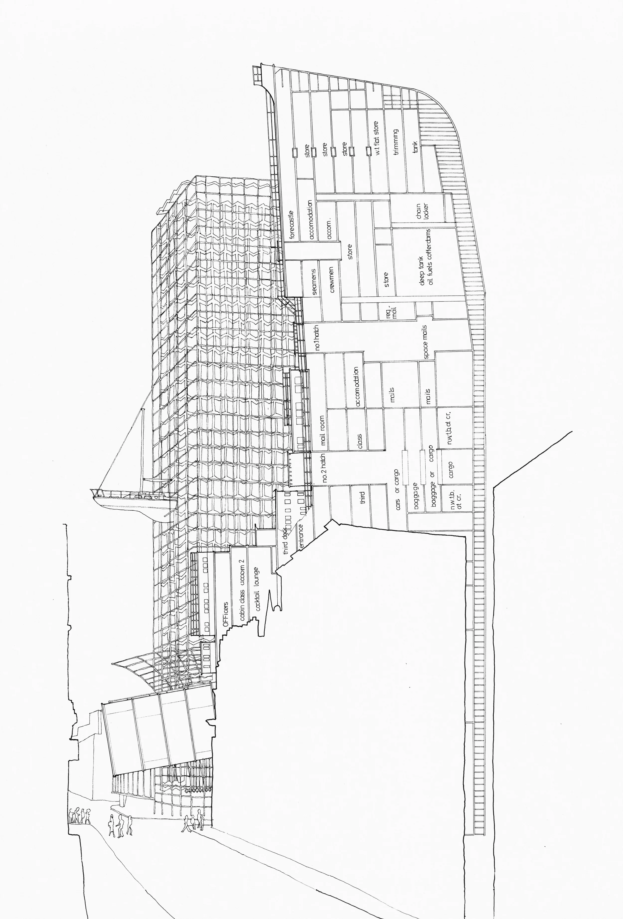 Figure 9: Emblematic Drawing showing Long Section of the R.M.S. Queen Mary I and the Counterpoint Tower, scaffolded with a Concordia Class Yacht protruding from the building. (Drawing by Peter Salter)