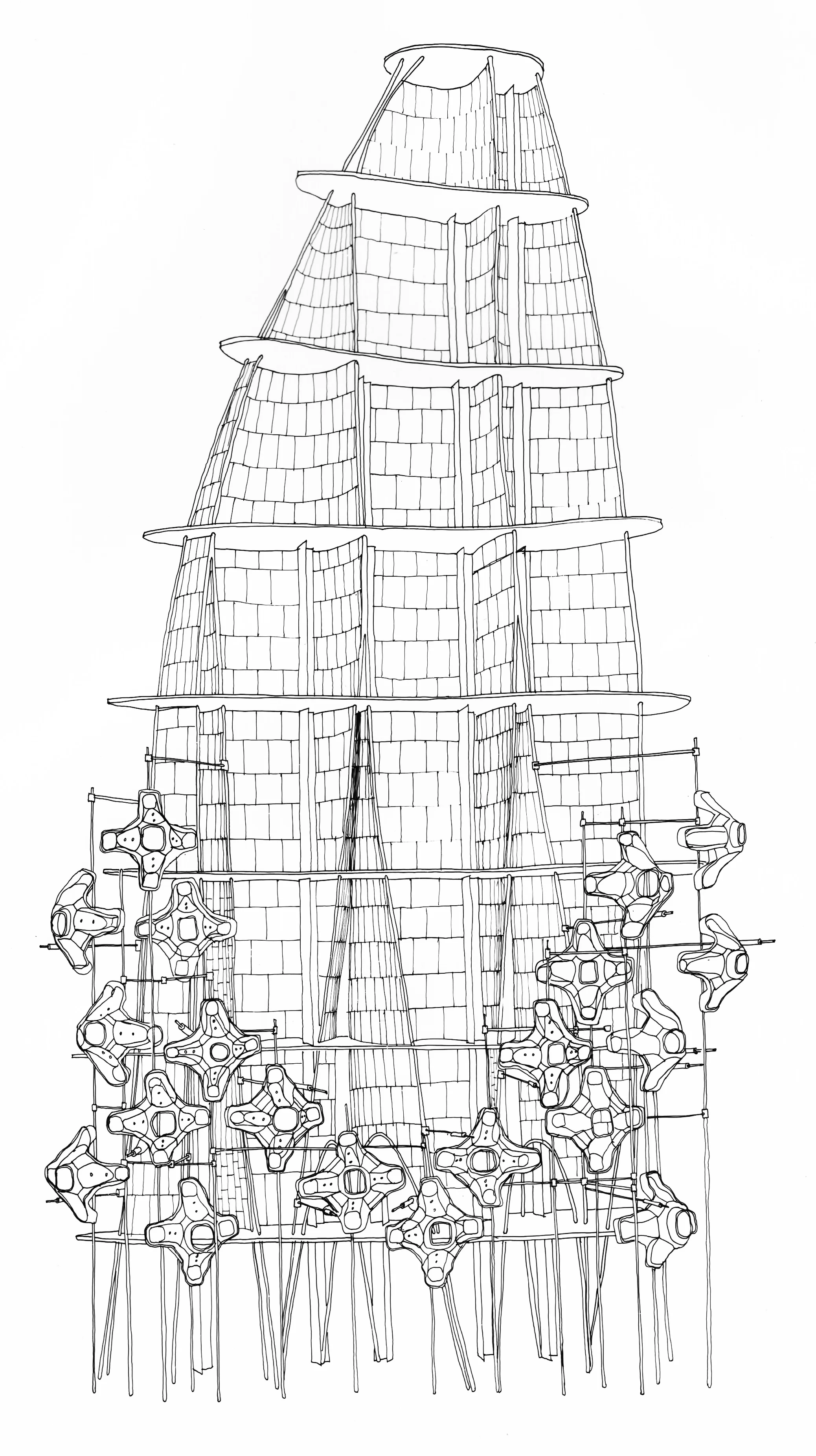Figure 3: Elevation derived from several wind tunnel tests and a dozen progress models at various scales. (Drawing by John Millard)