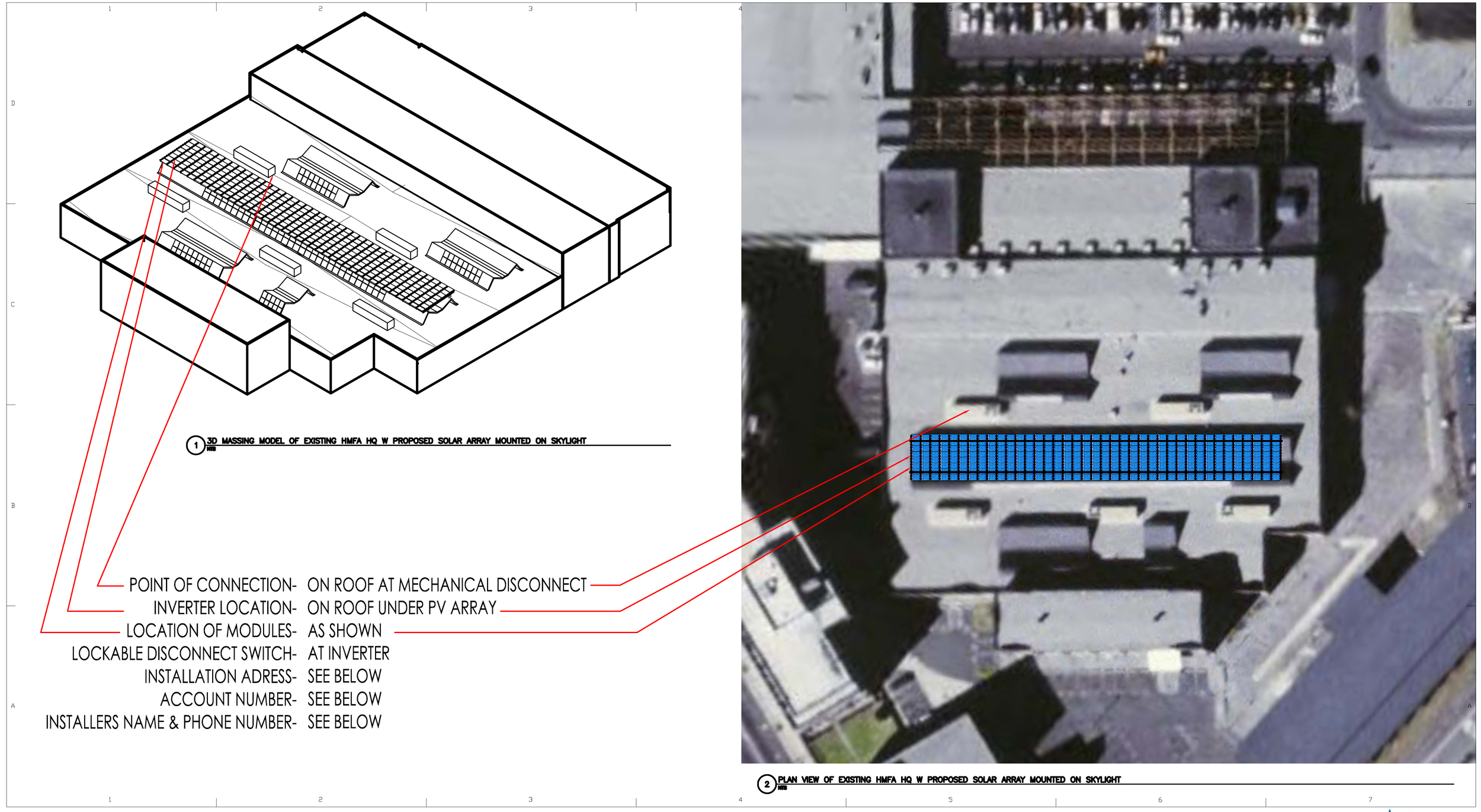 Figure 2: Axonometric showing building mass and (right) photo of roof from above with superimposed solar proposal.